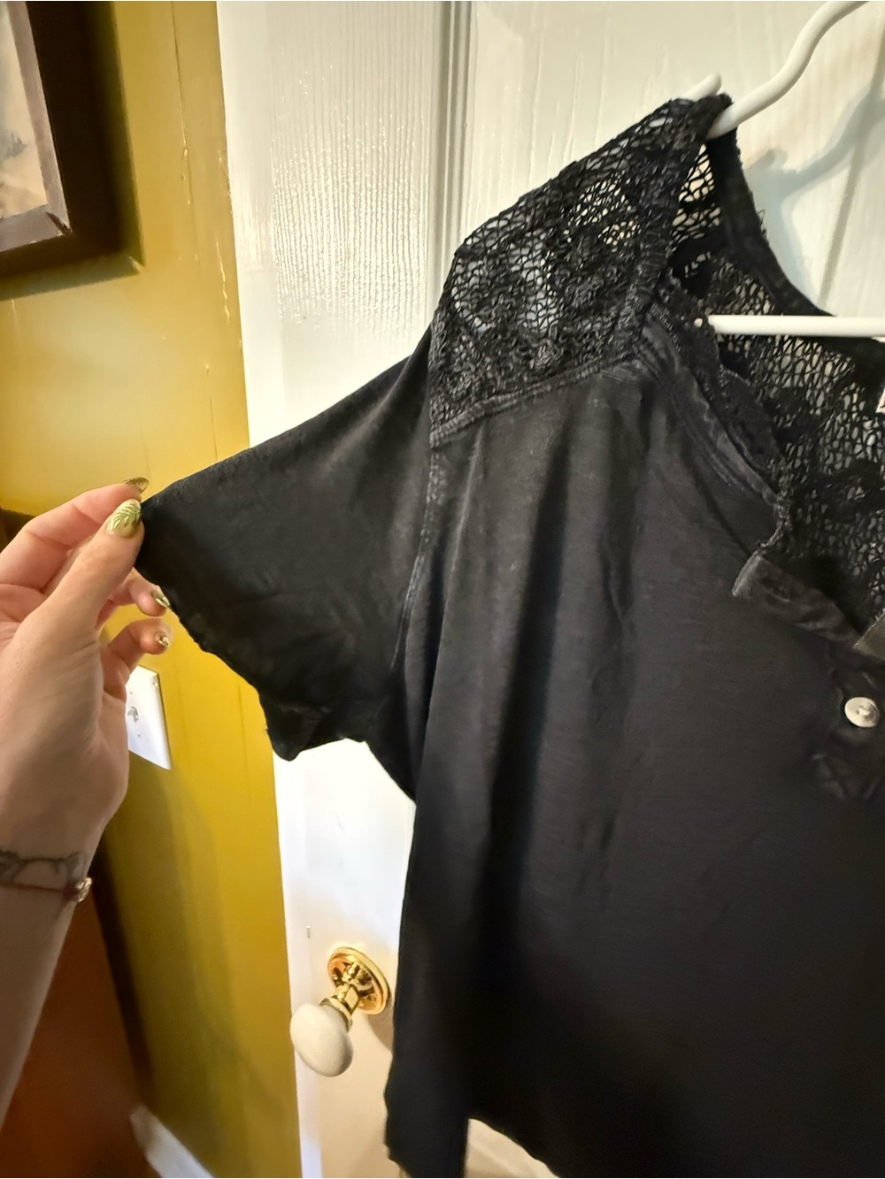 We The Free Black Lace-Shoulder Henley Short Sleeve Top - Picture 4 of 5